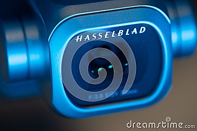 Hasselblad digital photo or video camera illuminated with blue light,the camera is mounted on a DJI Mavic 2 Pro drone Editorial Stock Photo
