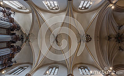 Hasselt, Limburg, Belgium - Ceiling of the gothic Saint Quentin cathedral Editorial Stock Photo