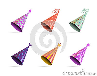 Hat for birthday. Bright multicolor cone with ribbon and ornament for holiday party, accessories for celebration, vector Vector Illustration