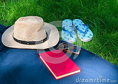 Hat, book sunglasses, flip flops on green grass in the park. Summer holiday concept. Stock Photo