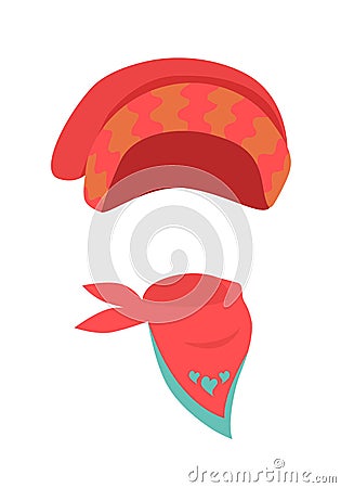Hat. Contemporary Red Headwear for Girls and Scarf Vector Illustration
