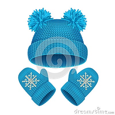 Hat and Mitten Set Winter Accessories. Vector Vector Illustration