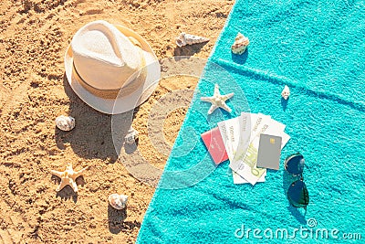 Hat, money, passport, credit card and sunglasses on towel on sand beach. Top view Stock Photo