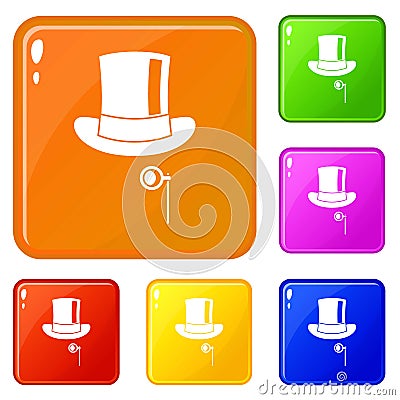 Hat with monocle icons set vector color Vector Illustration