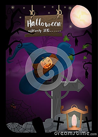 The hat next to scary pumpkins and witch broom illustration design for decoration Vector Illustration