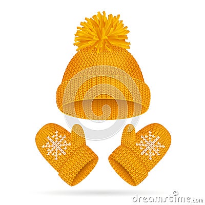 Hat with a Pompom and Mitten Set. Vector Vector Illustration