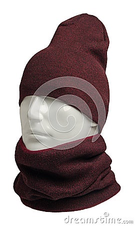 Hat and scarf isolated on white background.knitted set of hats and scarf.winter accessories Stock Photo