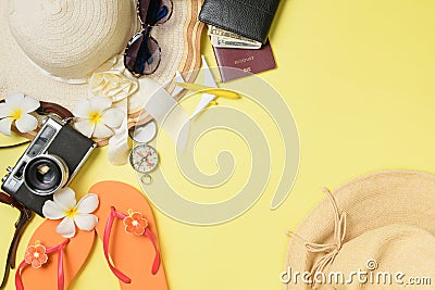 Hat with sunglasses, slippers and Beach accessories Stock Photo