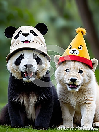 Hat tastic Trio Playful Panda Lion and Wolf Show Off Their Style.AI Generated Stock Photo