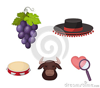 The hat of the todeador, the matador, a bunch of grapes with fists, a bull for the Spanish bullfight, a tambourine Vector Illustration