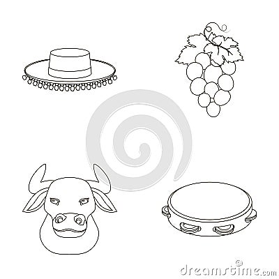 The hat of the todeador, the matador, a bunch of grapes with fists, a bull for the Spanish bullfight, a tambourine Vector Illustration
