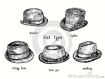 Hat type, bowler, tophat, stingy brim, pork pie, homburg. Ink black and white drawing Vector Illustration