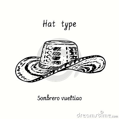 Hat type, Sombrero vueltiao. Ink black and white drawing Vector Illustration