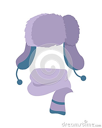 Hat. Winter Warm Violet Headwear and Woolen Scarf Vector Illustration