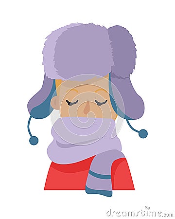 Hat. Young Man Hiding his Face in Violet Scarf Vector Illustration