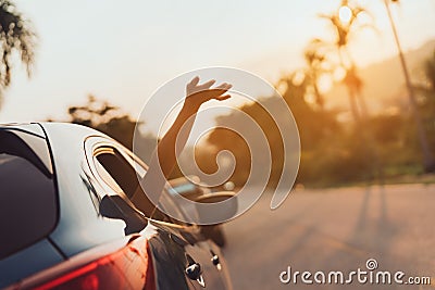 Hatchback Car travel driving road trip of woman summer vacation Stock Photo