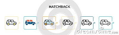 Hatchback vector icon in 6 different modern styles. Black, two colored hatchback icons designed in filled, outline, line and Vector Illustration