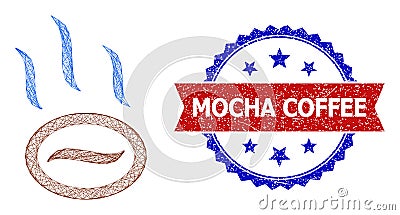 Hatched Coffee Steam Web Mesh and Grunge Bicolor Mocha Coffee Stamp Vector Illustration