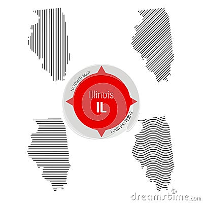 Hatched Pattern Vector Map of Illinois. Stylized Simple Silhouette of Illinois. Four Different Patterns Vector Illustration