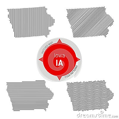 Hatched Pattern Vector Map of Iowa. Stylized Simple Silhouette of Iowa. Four Different Patterns Vector Illustration