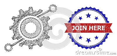 Hatched Wheel Connections Mesh and Scratched Bicolor Join Here Stamp Seal Vector Illustration