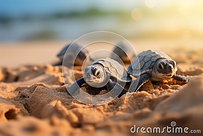 Hatching on the seaside Baby turtles break free, starting their coastal journey. Stock Photo