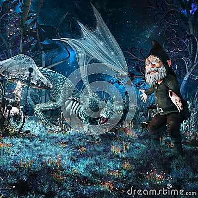 Hatchling dragon and gnome Stock Photo