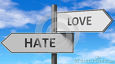 Hate and love as a choice - pictured as words Hate, love on road signs to show that when a person makes decision he can choose Cartoon Illustration