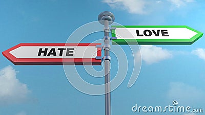 Hate - Love street arrow signs concept - 3D rendering illustration Cartoon Illustration