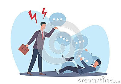 Hate speech, bullying, aggressive businessman yells at coworker throwing verbal bubbles at him. Aggressor and victim Vector Illustration