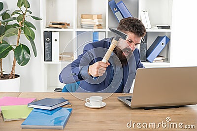 Hateful job. Bad computer. Annoying ads and pop up banners. Slow internet connection. Outdated software. Computer lag Stock Photo