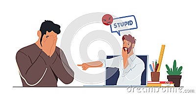 Hater Laughing on Man via Online Network. Cyberbullying Abuse. Teen Crying near Computer Screen after Being Bullied n Vector Illustration