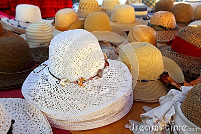 Hats arrangement on market hand craft shop Stock Photo