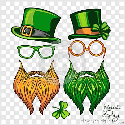 Hats, Glasses, Green and Red Beards - Set of St. Patricks Day - elements, objects, icons. Vector illustration isolated Vector Illustration