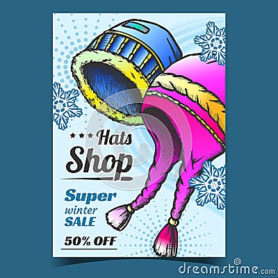 Hats Shop Winter Sale Advertising Banner Vector Vector Illustration