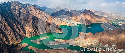 Hatta Dam Lake in eastern region of Dubai, United Arab Emirates aerial panorama Stock Photo