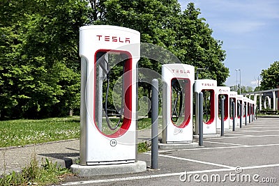 Tesla Supercharger Station for electric cars Editorial Stock Photo
