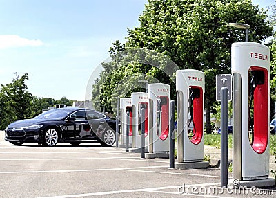 Tesla Supercharger Station for electric cars Editorial Stock Photo