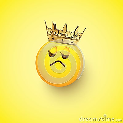 Haughty emoji with crown isolated on yellow background. Vector design element. Vector Illustration