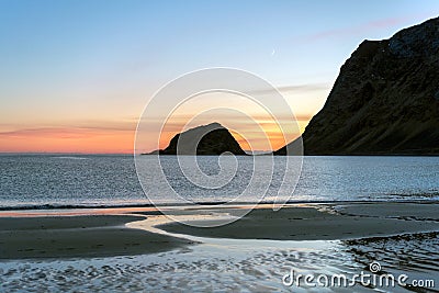 Haukland beach in Lofoten during sunset Stock Photo