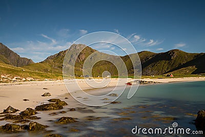 Haukland beach under a blue sky Stock Photo