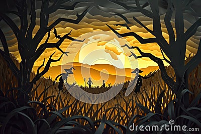 A haunted cornfield with scarecrows and eerie lighting, creating a spooky atmosphere Stock Photo