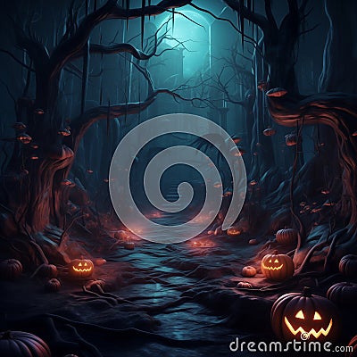 Haunted forest and creepy landscape at night. Fantasy Halloween forest background. Stock Photo