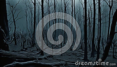 Haunted Forest with Dead Trees and Mist Stock Photo