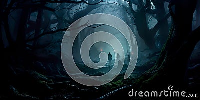 haunted forest with fog rolling through the trees and mysterious figures lurking in the shadows. Generative Ai Stock Photo