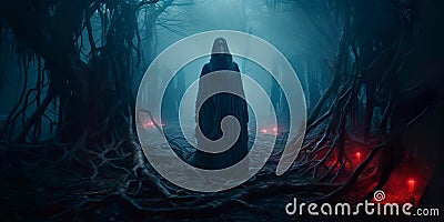 haunted forest with fog rolling through the trees and mysterious figures lurking in the shadows. Generative Ai Stock Photo