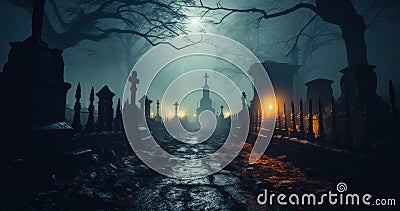 Haunted Graves Ghostly Path in the Foggy Cemetery Stock Photo