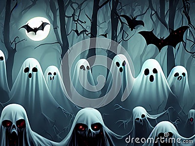 Haunted Halloween woods full of ghosts, bats and ghouls Stock Photo