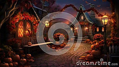 haunted haven, halloween path of pumpkin peril Cartoon Illustration