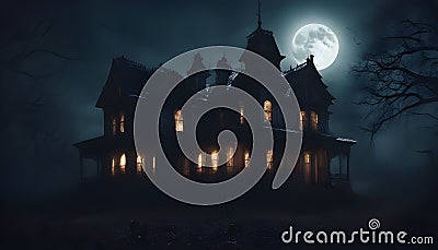 Haunted Hideaway: The Illuminated Halloween Castle in the Forest. Stock Photo